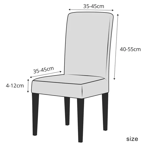 תרשים המציג את המידות של כיסויים לכסאות פינת אוכל.