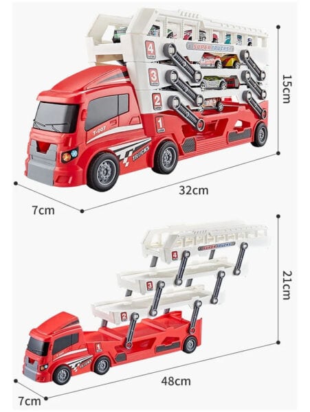 משאית צעצוע אדומה עם רמפה ניתנת להארכה המכילה ארבע מכוניות קטנות. המידות הן 32 ס
