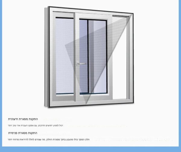 תרשים המציג את רשתות הגנה, דלת הזזה מזכוכית עם מסך נשלף. הוראות התקנה מסופקות בעברית למטה.